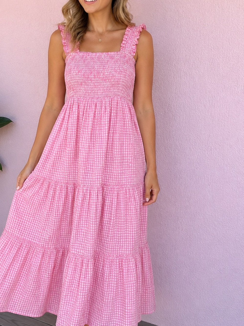 Davi&Dani Pink Tiered Midi Dress Smocked Ruffle Strap Size Large